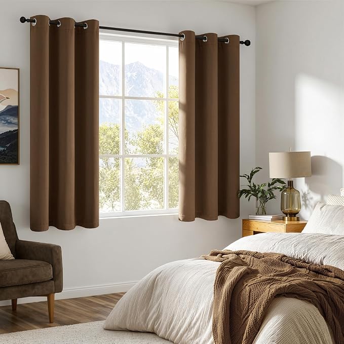 MIULEE Brown 100% Blackout Curtains for Bedroom 40x54 Inch 2 Panels Set | 2 Thick Layers Thermal Insulated Short Curtains with Black Liner, Noise Reducing Grommet, Drapes for Living Room