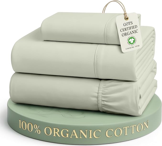 LANE LINEN 100% Organic Cotton Twin Sheets, Soft & Comfy Percale Weave Mercerized Fully Elasticized Reinforsed Seam Naturally Temperature Regulating Cotton Sheets Twin- Mineral