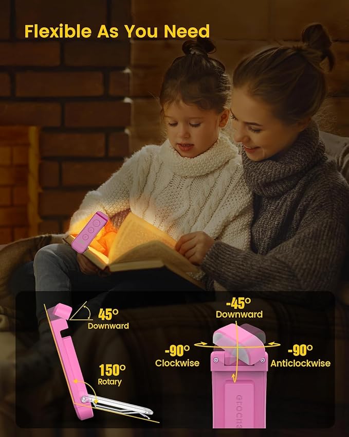 Glocusent USB Rechargeable Book Light, Portable Clip-on LED Reading Light | 3 Amber Colors & 5 Brightness Dimmable, bookmark, Eye-Caring,Compact Gift ,Women Book Lovers,Christmas, Book Accesories,Pink