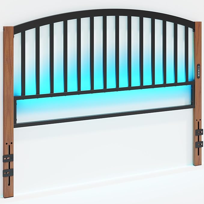 Metal Queen Headboard Only with LED Lights and USB, Cherry Wood Grain | Freestanding queen size headboard; adjustable height; USB charging station; modern bedroom design