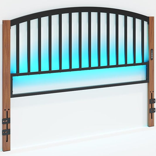 Metal Queen Headboard Only with LED Lights and USB, Cherry Wood Grain | Freestanding queen size headboard; adjustable height; USB charging station; modern bedroom design