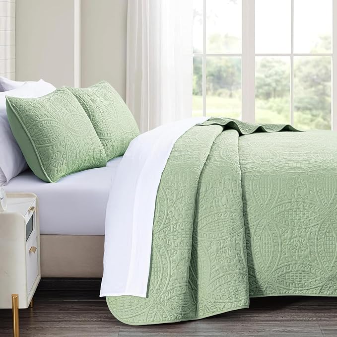 akkialla Twin Quilt Bedding Set,Sage Green Ultrasonic Quilt Set,Lightweight Soft Bedspread Coverlet,Modern Style Coin Pattern Bed Cover for All Seasons,2 Piece(1 Quilt,1 Pillow Sham)