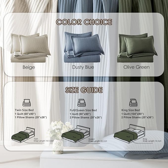 WDCOZY Olive Green Twin Size Quilt Set, Striped Pick Stitch Bedspread | Lightweight Soft Channel Coverlet, Spring Summer Thin Comforter, Farmhouse Rustic Country Bedding