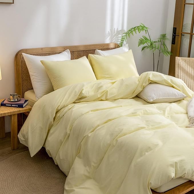 BESTOUCH Cotton Solid Duvet Cover Set Linen Feel Light Yellow Alaska King | 100% Washed Cotton, Soft Wrinkle Texture, Hidden Zipper, 8 Ties, Breathable Lightweight Durable Comfy, 3 Pcs No Insert