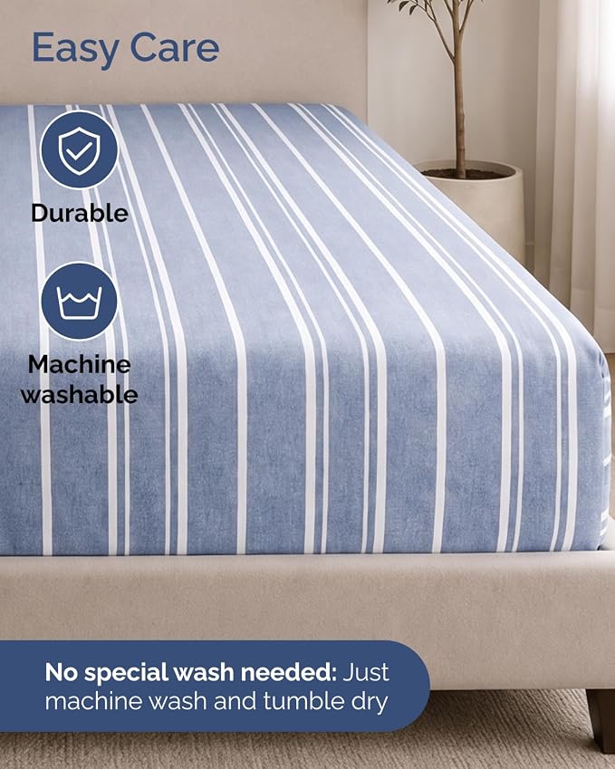 2 Pack Extra Deep Queen Fitted Sheets with Deep Pockets - Blue Stripes | Hotel Luxury Bottom Fitted Sheets Only, Soft, Fade & Wrinkle Free, Breathable & Comfy, All Around Elastic Fitted Sheets