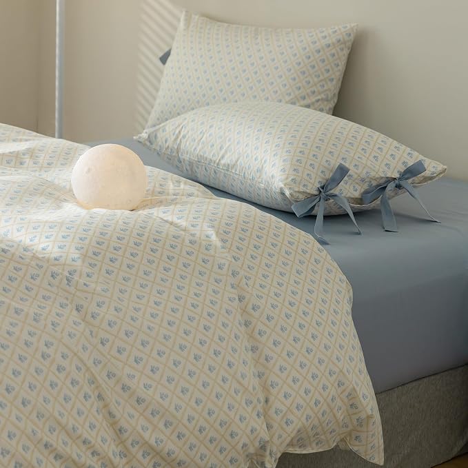 mixinni Blue Floral Duvet Cover Set King - 3 Piece Cottagecore Bedding Set with Bow Ties & Zipper Closure, 100% Cotton Soft Aesthetic Comforter Cover for Girls, Lightweight Breathable Country Style