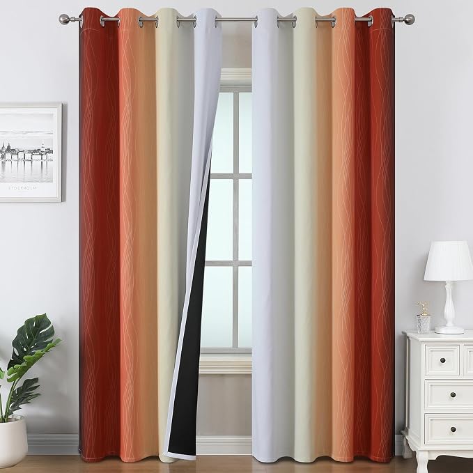 Burnt Orange and Greyish White Ombre Blackout Curtains 52Wx108L Inch Long | Light Blocking Living Room Curtains,Energy Saving,Thermal Insulated,Room Darkening Grommet Window Drapes for Bedroom,2 Panels
