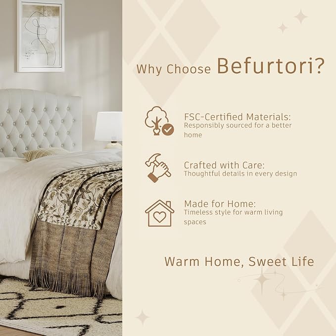 Queen Headboard Only, Linen Classic Tufted Design, Ivory | 2 installation options: 1.bed frame mount 2.wall mount (for adjustable bed), Classic hand-tufted headboard king size