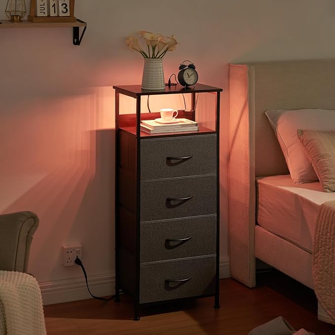 Somdot Tall Nightstand with 4 Drawers, Charging Station & LED Light | Fabric-Bin Dresser for Bedroom, Bedside, Kids Room, Dorm, Closet, Laundry and Entryway, Charcoal Grey