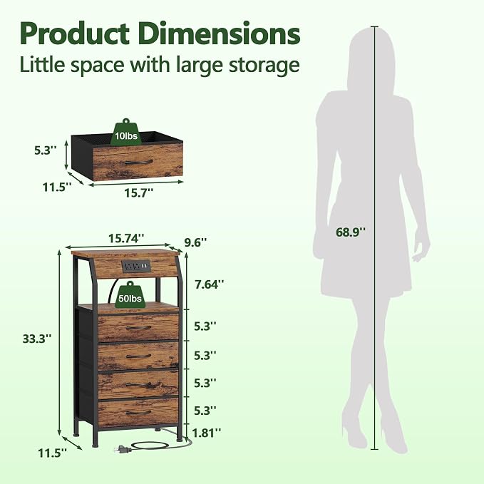 Furnulem Night Stand with Charging Station, 4 Drawers Tall Bedside Table | Small Rustic Brown Dresser, 33.3 Inch Tall Dorm Nightstand, Fabric Drawers, Storage Tower for Closet, Bedroom, 3 Ways to Use