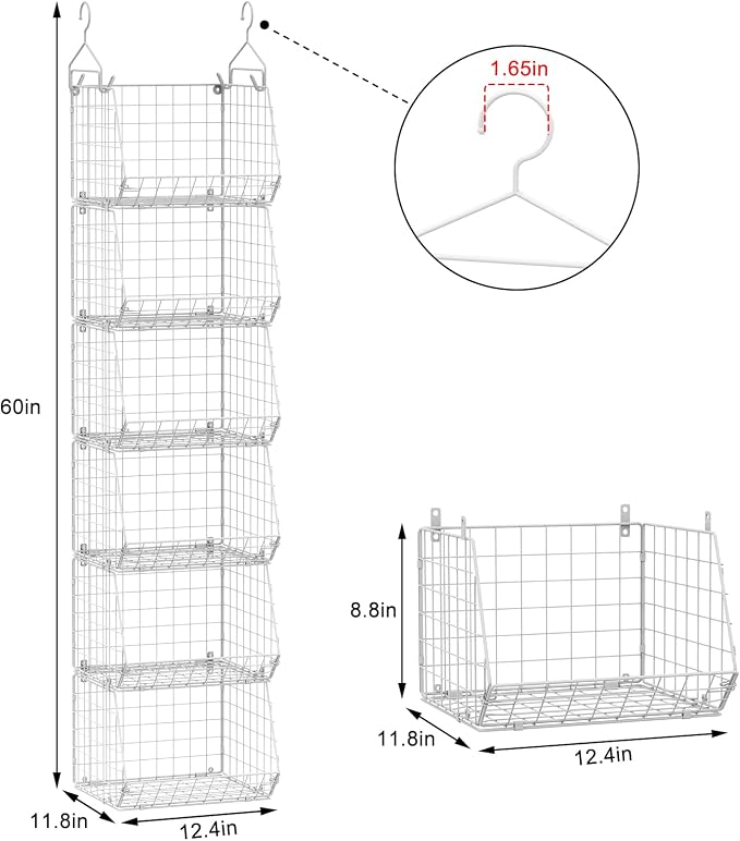 X-cosrack 6 Tier Closet Hanging Organizer, Clothes Hanging Shelves with 4 Hanging Hooks 5 S Hooks, Wire Storage Basket Bins, for Clothing Sweaters Shoes Handbags Clutches Accessories Patent