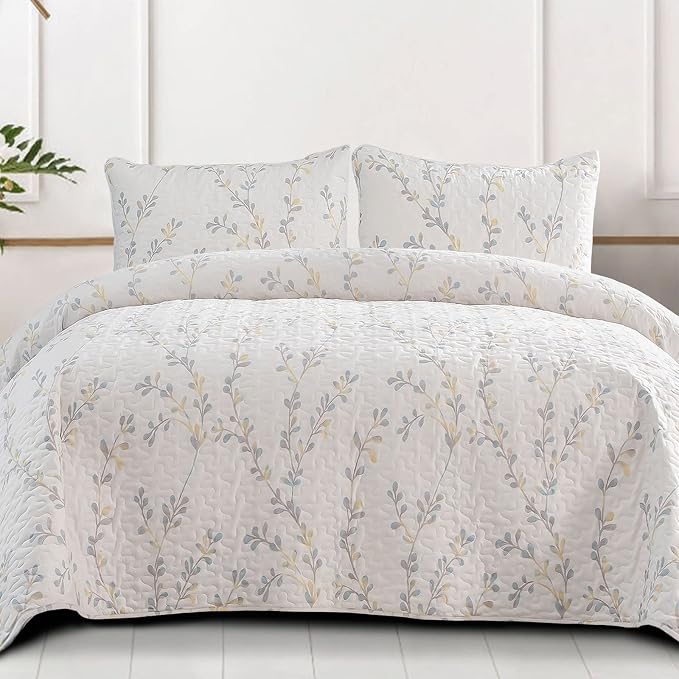 Exclusivo Mezcla Reversible Boho Quilts Queen Size White | Lightweight Soft Bedspreads, All Season Flowers Coverlet Bedding Set, Printed Floral Pattern, 1 Quilt and 2 Pillow Shams