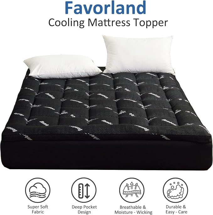Favorland Mattress Topper King Size - Cooling Extra Thick Breathable Viscose Made from Bamboo Mattress pad - Soft Quilted Fitted Mattress Cover with 900 GSM Down Alternative Fill (8-21”Deep Pocket)
