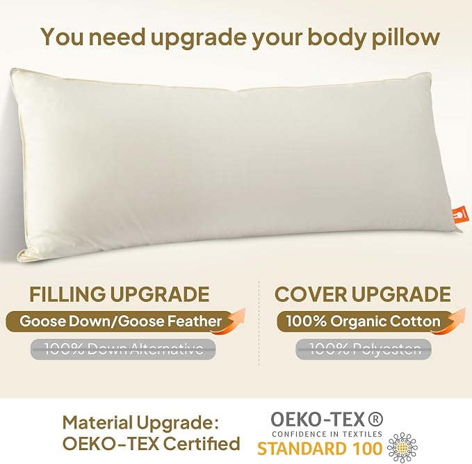 Goose Down Body Pillows for Adults, Large Body Pillow for Side Sleeper, Hugging Feather Body Pillow Insert, Cooling Full Length Long Pillow for Bed with 100% Organic Cotton Shell, Beige 20"x72"