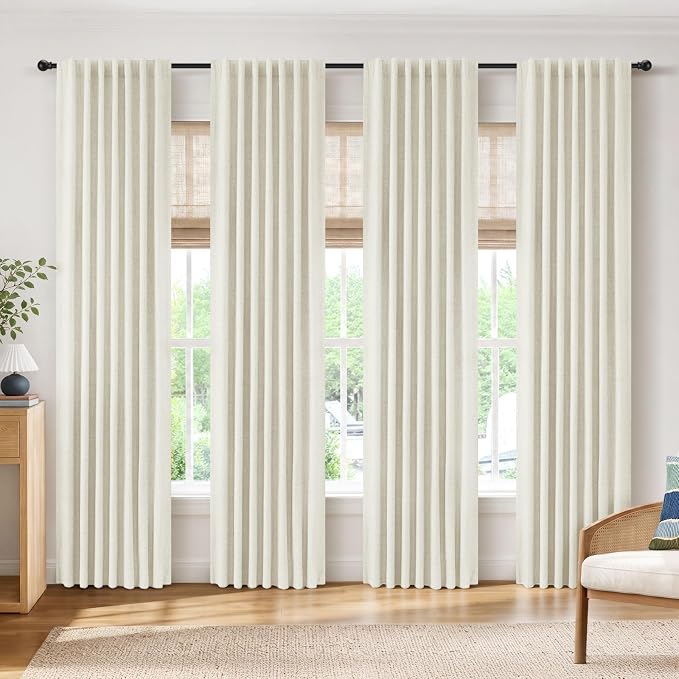 INOVADAY 4 Panels Set Beige White Blackout Curtains 84 Inches Living Room | Linen Textured, Light Blocking, Room Darkening, Thermal Insulated, Back Tab Top, Window Curtains for Living Room, W42xL84