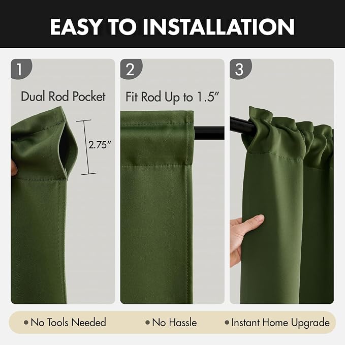 MIULEE 4-Panel 36 Inch Blackout Kitchen Tier Curtains Over Sink Olive Green | Privacy Protection, Heat/Light Blocking, Cafe Curtains, Top&Bottom Rod Pocket, Suitable for Small Windows, Soft&Durable