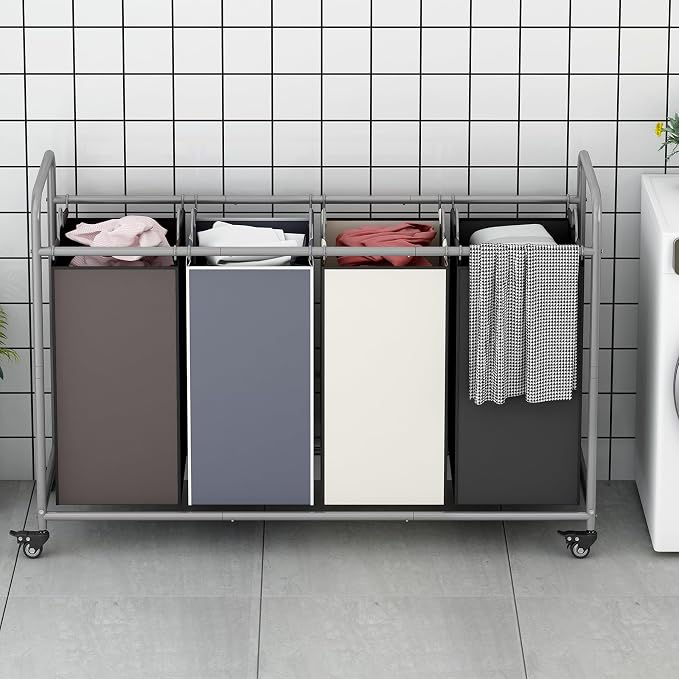 LINZINAR 4 Bags Laundry Hamper, Assorted Laundry Basket 180L Laundry Sorter | Laundry Room Organization with Heavy Duty Rolling Lockable Wheels and Removable Bag, Bedroom Laundry Cart for Clothes Storage