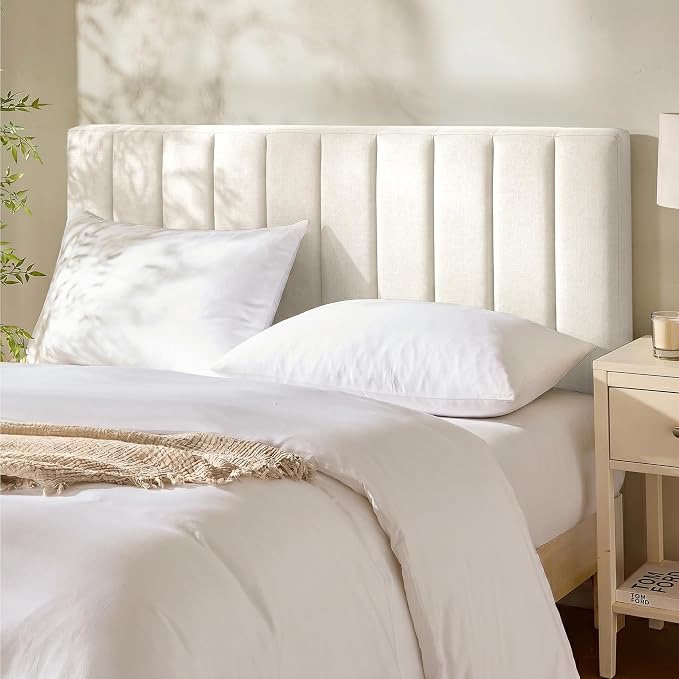 Hearth & Harbor Wall Mounted Queen Headboard Only, Bed Headboard Queen Size | Easy Assemble, Floating Peel & Stick, Upholstered Channel Stitched, 3D Wall Panels, 5 Strips of 3M Tape Included, Off White
