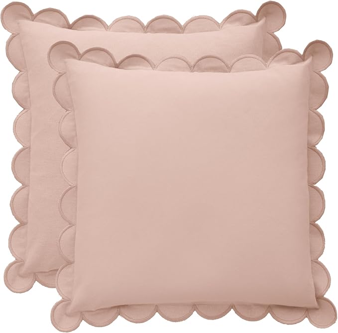 BEBE BASK Scalloped Pillow Cover Set of 2, 18x18, Cotton - Peach Pink | 100% Cotton, Scallop Pillow Covers, Grandmillennial Style, 18 by 18 Inch, Easy to Care, Machine Washable, Scalloped Pillows