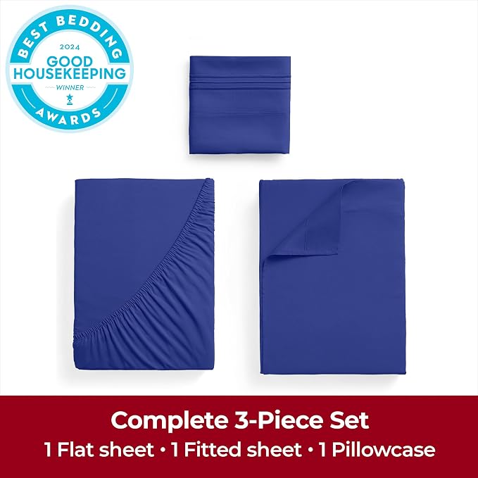 Mellanni Iconic 3-Piece, Ultra Soft Sheet Set (Twin, Royal Blue) | 10M+ Sleepers. Lab-tested: Sleeps Cool, Stays Bright, Strong, Smooth. Good Housekeeping Best Bedding, 7 yrs running.