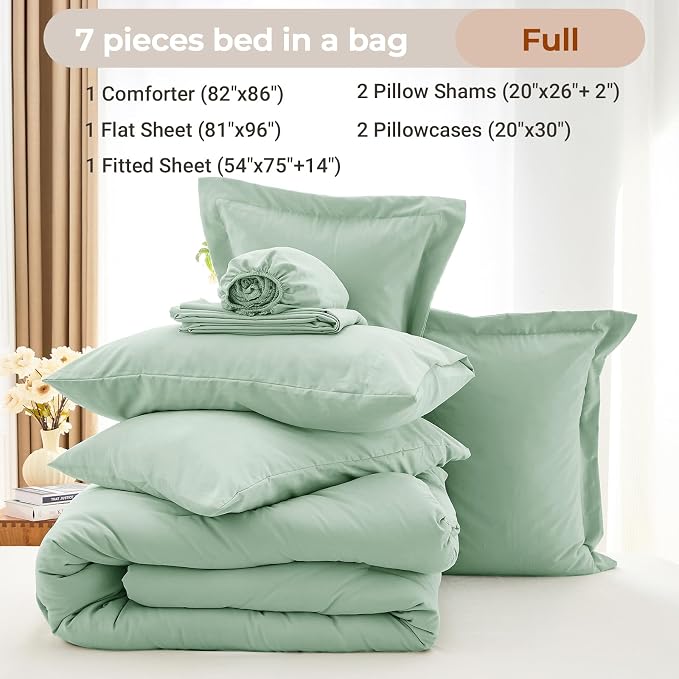 7 Pieces Full Comforter Set, Soft Bed in a Bag Full Size, All Season Bedding Set with Comforter, Flat Sheet, Fitted Sheet, Pillowcases & Shams, Sage Green