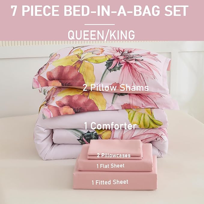 Yogeneg Queen Comforter Set 7 Piece Bed in a Bag,Elegant Floral Botanical Pattern Pink Bedding Set,Soft Microfiber Comforter with Sheet Set,All Season Bed Set(Blush Floral,Queen)
