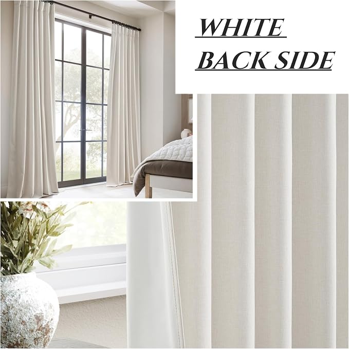 100% Blackout Curtains 92 Inches Long for Living Room 2 Panels Set, Room Darkening Energy Saving Curtain Window Coverings Elegant Flax Linen Hook Belt Pleated Drapes Aesthetic Bedroom(W50"xL92",Birch)