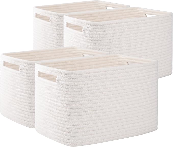 OIAHOMY 4 Pack Storage Baskets for Organizing 15L Cube Storage Bins White | Woven Baskets for Storage Rectangle Small Baskets With Handles Baskets for Shelves Wicker Baskets for Shelves 12.7x9x7.8inch