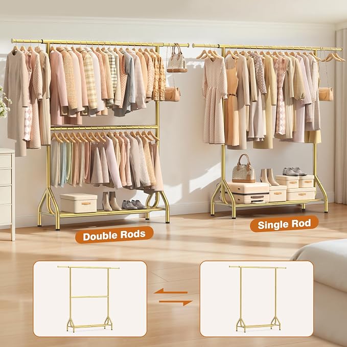 EAGMAK Double Rod Clothing Rack Load 622 LBS, Heavy Duty Clothes Rack for Hanging Clothes, 82.68 inch High Garment Rack with Sotrage Shelves, Metal Clothing Hanger Closet Wardrobe Organizer (Gold)