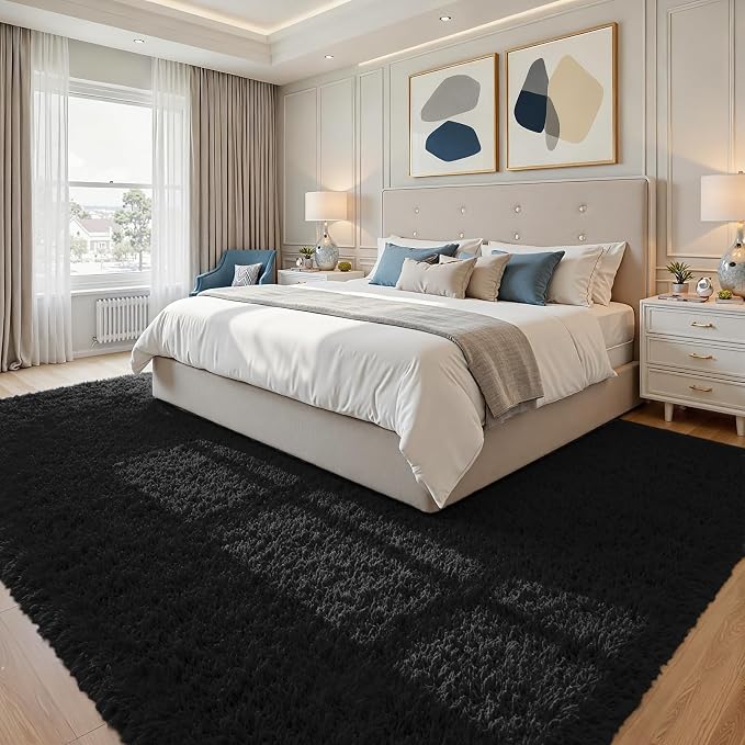 6x9 Fluffy Shag Area Rugs for Living Room Bedroom: Soft Plush Carpet Black | Upgraded Non-Slip Thick Memory Foam, Ultra Soft, Non-Shedding Fuzzy Carpet, Easy Clean Decor for Kids Room, Nursery, Playroom