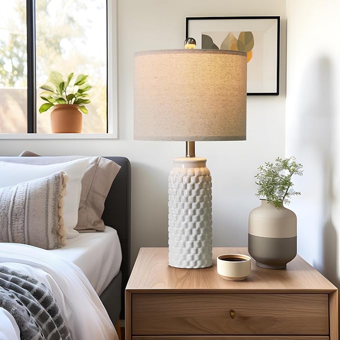 USumkky 24" Modern Ceramic White Bedside Lamp Set of 2 Table Lamp for Bedroom Decor Farmhouse Table Lamp for Living Room Office Dorm