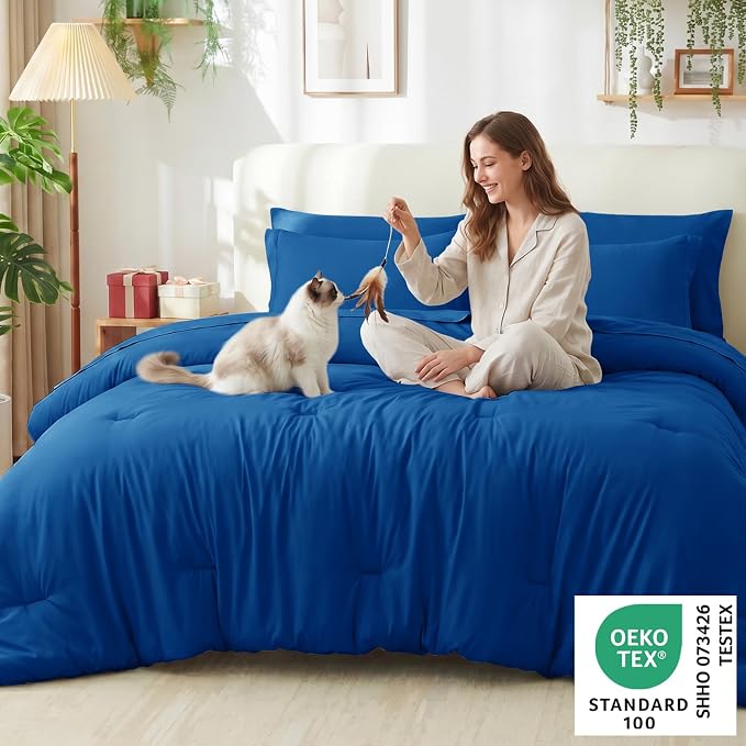 Queen Comforter Set Classic Blue, 7 Pieces Bed in a Bag | OEKO-TEX Certified, All-Season, Bedroom, 240GSM Down Alternative Comforter, Flat & Fitted Sheets, 2 Pillowcases & 2 Shams