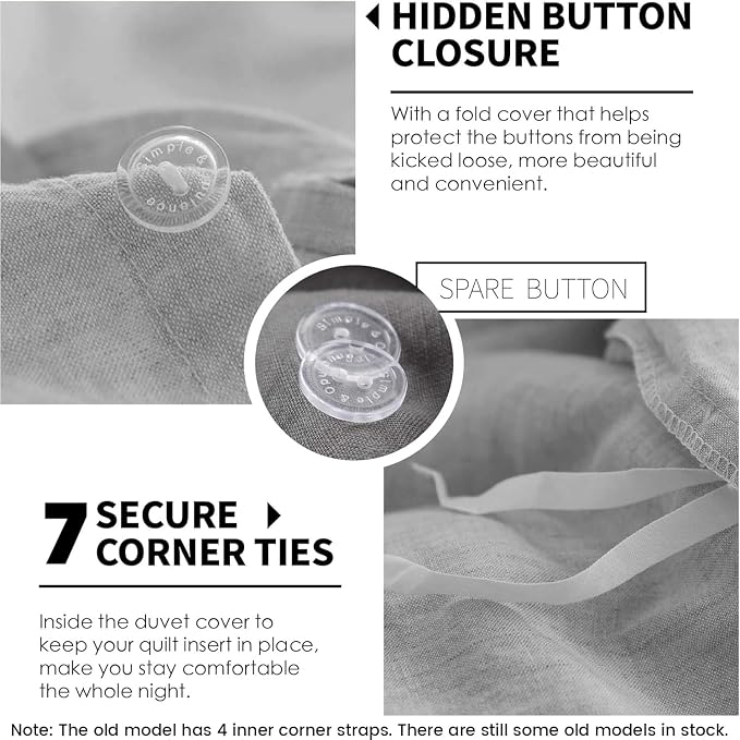 Simple&Opulence 100% Linen Duvet Cover Set 3pcs Basic Style Natural French Washed Flax Solid Color Soft Breathable Farmhouse Bedding with Button Closure - Light Grey, Full