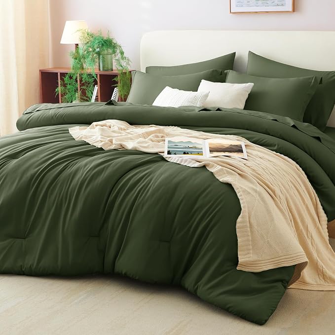 King Size Comforter Set Olive Green, 7 Pieces Bed in a Bag | OEKO-TEX Certified, All-Season, Bedroom, 240GSM Down Alternative Comforter, Flat & Fitted Sheets, 2 Pillowcases & 2 Shams