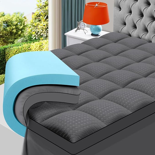 MASVIS Twin XL Size Dual Layer 4 Inch Memory Foam Mattress Topper, 2 Inch Gel Memory Foam and 2 Inch Cooling Pillow Top Mattress Pad Cover for Back Pain, Medium Support,Gray
