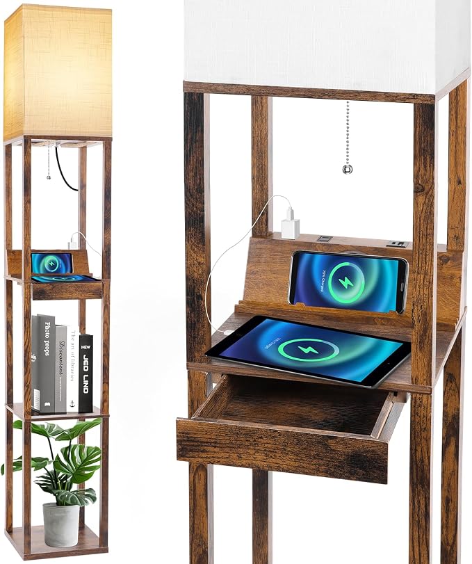 RUNTOP Floor Lamp with Shelves, Shelf Floor Lamp with Wireless Charger & 2 Charging USB Ports & Drawer, AC Outlet, 3 Color Temperature Tall Standing Lamp with Bulb for Living Room, Bedroom, Office