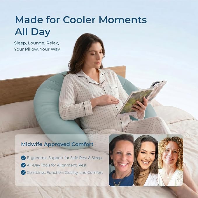 Momcozy J Shaped Pregnancy Pillow, Maternity Body Pillow for Side Sleepers | Cooling Body Pillow with Removable Cover for Head Neck Belly Support, Side Sleeper, Must-haves for Pregnant Women Blue