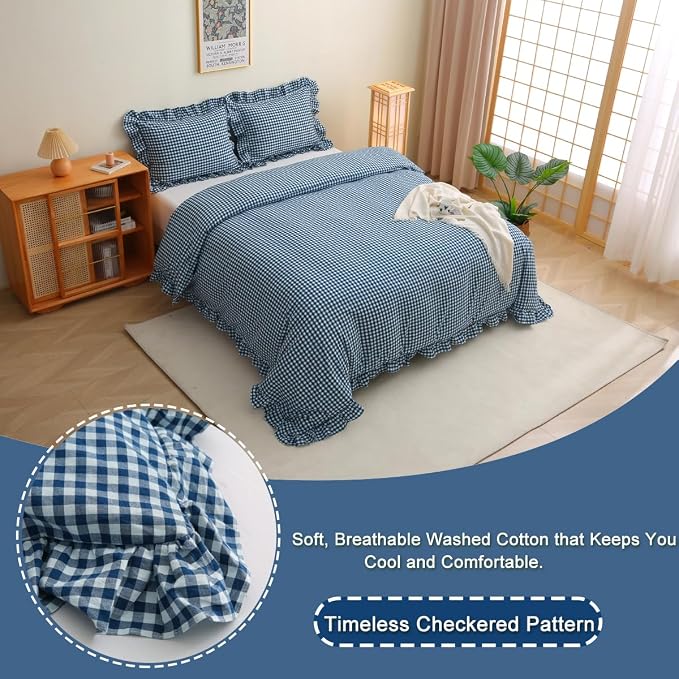 Silnuo Navy Blue/White Gingham Ruffle 3-Piece Duvet Cover Set Full Size | 100% Washed Cotton Shabby Plaid Checkered Bedding Set Vintage Comforter Cover Set