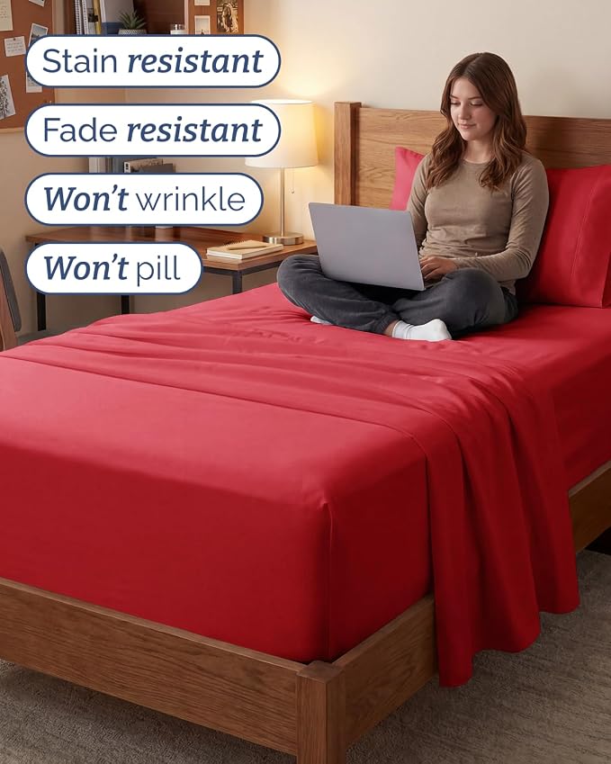 Extra Deep Twin XL Sheet Set - 3 Piece College Dorm Room - Red | Soft, Breathable & Cooling, Easily Fits 18 to 24 inch Mattress, Wrinkle Free & Fade Resistant with Extra Deep Pockets