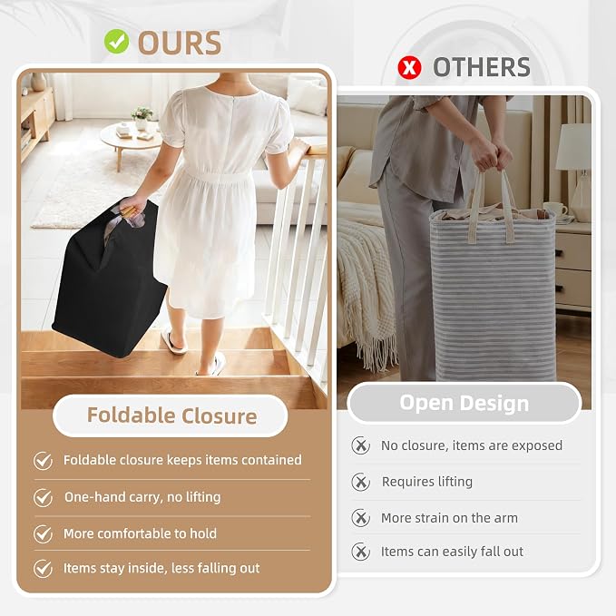 STORAGE MANIAC 1-Pack Large Laundry Hamper, 100L (26.4 Gal) Collapsible Laundry Basket with Bamboo Handles, Freestanding Waterproof Clothes Hamper for Laundry Room, Bedroom, Dorm, Towels, Black