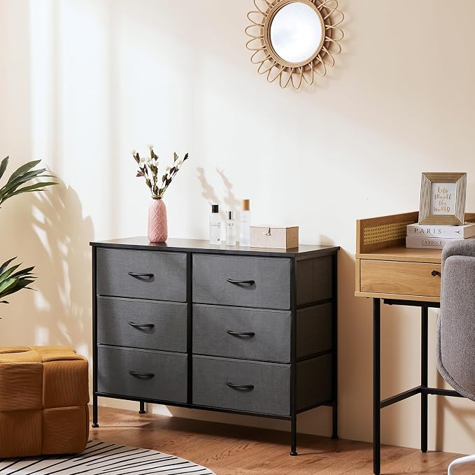 OLIXIS 6 Drawers Storage Organizers Units, Closet Organizers and Storage for Clothes, Fabric Storage Drawer TV Stand for Living Room, Chest of Dresser in 31.5" D x 11.8" W x 31.5" H, Grey | Anti-Tip Design, Chest of Drawers with Wooden Top & Sturdy Fra...