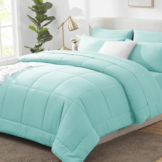 King Size Comforter Set Spa Blue - 7 Pieces Bed in a Bag | OEKO-TEX Certified, All-Season, Bedroom, Guest Room, Down-Alternative Comforter + Flat & Fitted Sheets + 4 Pillowcases