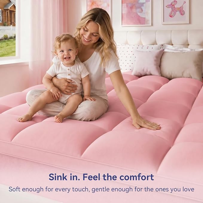 ELEMUSE Queen Pink Mattress Topper, Thick Pillow Top Mattress Pad | Plush comfort from overfilled down alternative fill. Deep pocket fits queen mattresses for couples, bedrooms and guest rooms