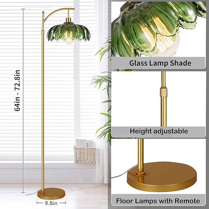 ZECOXOL Gold Floor Lamps for Living Room Vintage Green Floor Lamp with Remote Control & Glass Lampshape,Dimmable Mid Century Modern Standing Lamp Tall Flower Lamp Brass Floor lamp for Bedroom Corner
