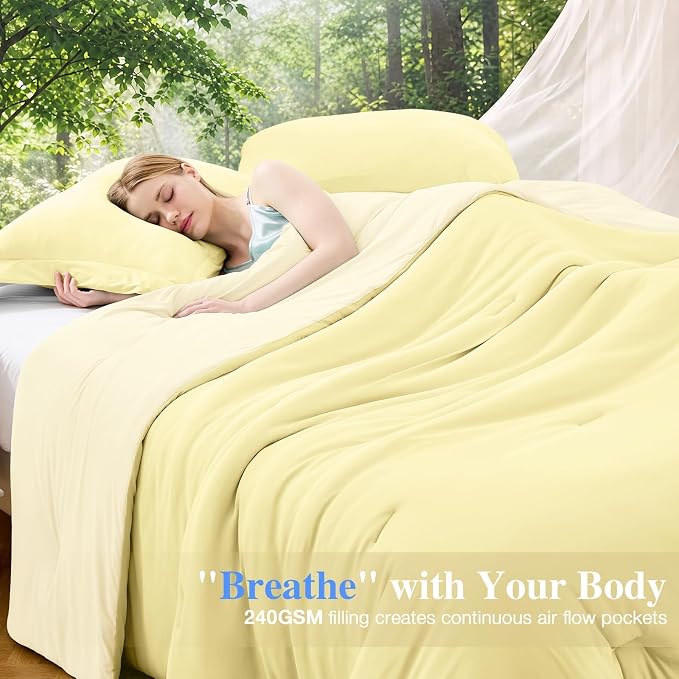Cooling Queen Comforter Set, Lightweight Summer Comforter for Hot Sleeper, Reversible Bedding with ICY Cooling Surface, Includes 1 Comforter (90"x90") and 2 Shams (20"x 26"), Cream Yellow