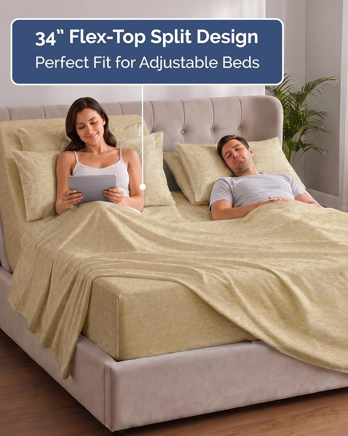 Extra Deep Flex Top Split Head King Sheet Set - 6 Piece Breathable and Cooling Sheets - Hotel Luxury Bedding for Women, Men, Kids & Teens - Easy Secure Fit - Extra Deep Pockets - Heathered Tan