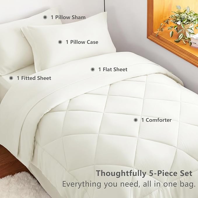 Twin XL Comforter Set with Sheets Ivory - 5 Pieces Bed in a Bag | College Dorm Essentials, OEKO-TEX Certified, All Season, 240GSM Down-Alternative Comforter, Sheets, Pillowcase & Sham