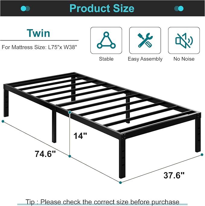 Maenizi Heavy Duty Twin Bed Frame 14 Inch Metal Support Up to 2500 lbs | Platform Bed Frame Twin No Box Spring Needed, Easy Assembly, Noise Free, Black