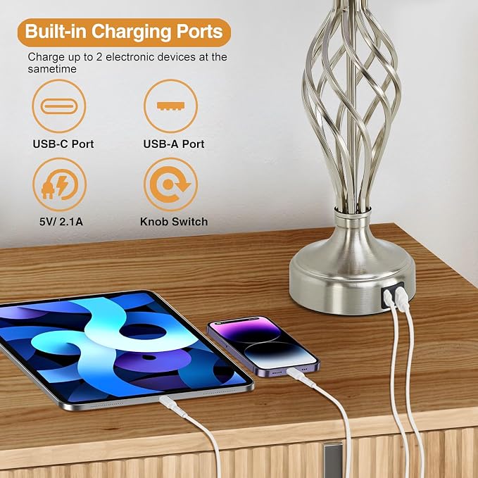 Table Lamp for Bedroom Set of 2 with USB C+A Ports,Modern Night Stand Lamps | Silver Bedside Lamps with Spiral Cage Base,White Fabric Shade,Lamp for Living Room Reading Bed Side End Table,Bulbs Included