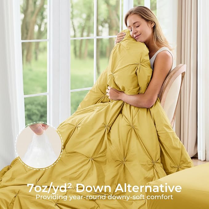 Sasttie Queen Comforter Set, 7-Piece Bed in a Bag, Pintuck Bedding Sets for All Season, Includes Comforter, Flat Sheet, Fitted Sheet, Pillowcases and Pillowshams, Mustard Yellow